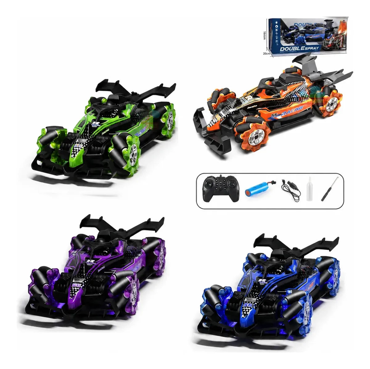 Auto a control remoto y brazalete con luces, humo y sonido