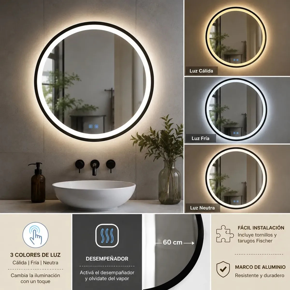 Espejo circular 60cm con luces