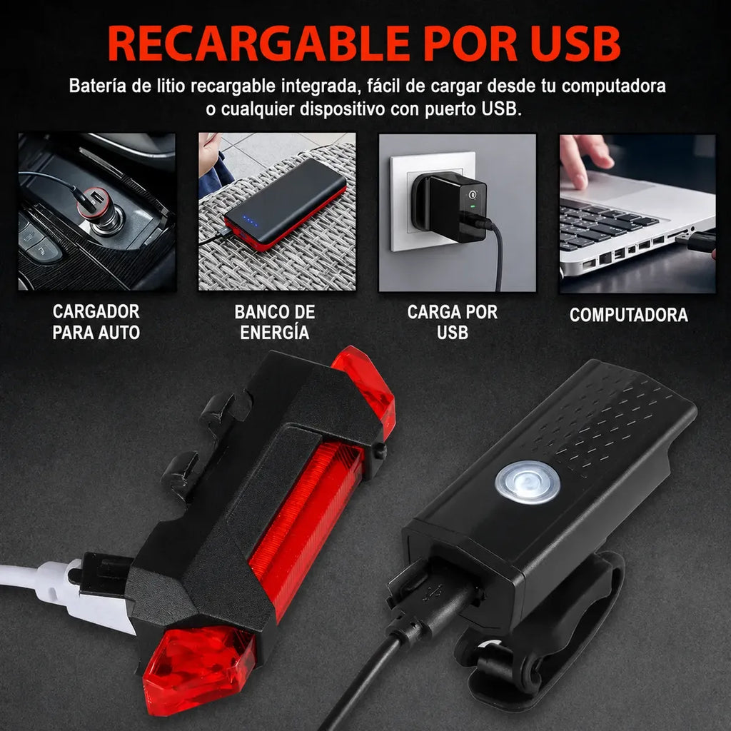 Luces para bicicleta recargable USB delantera y trasera