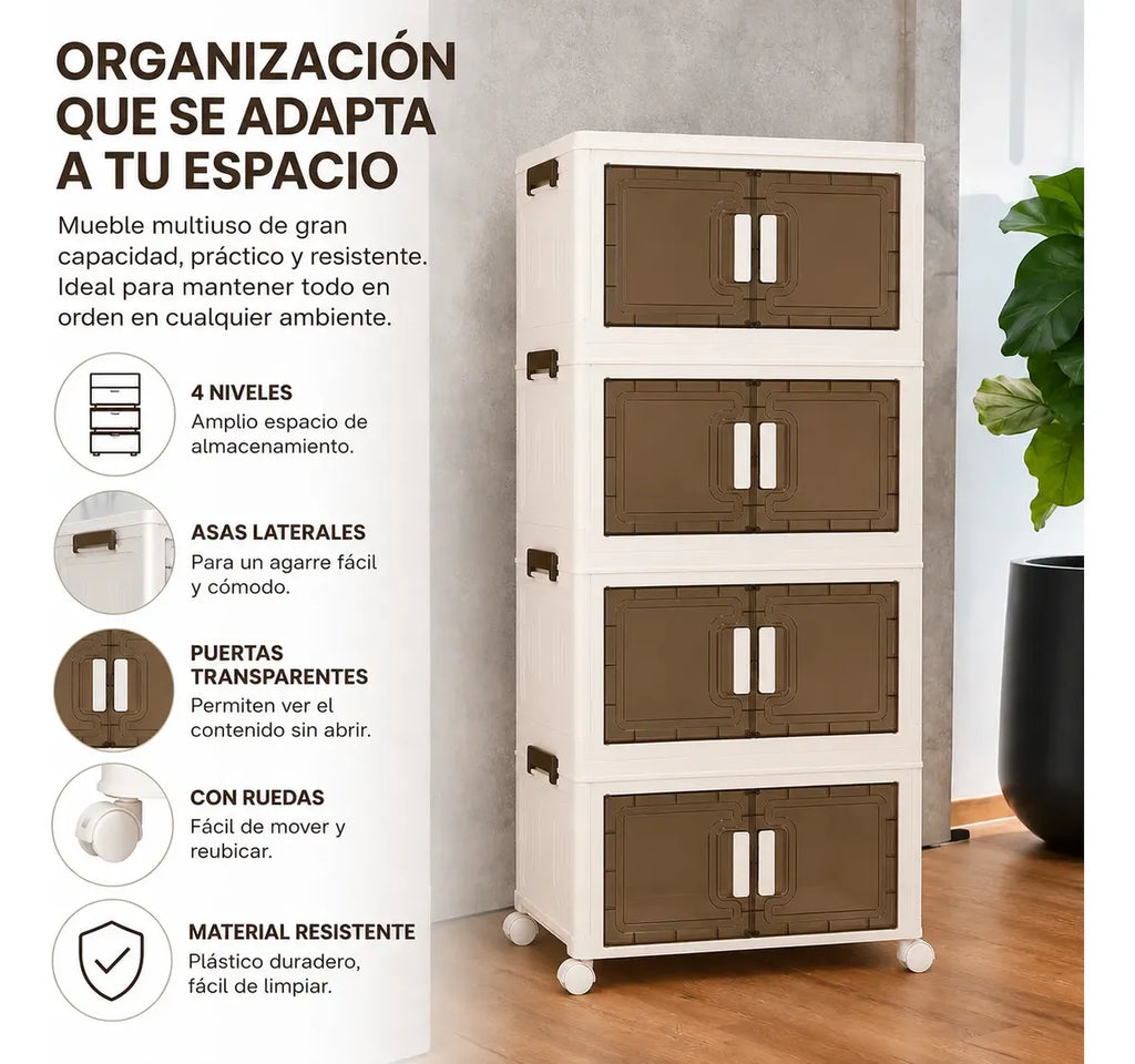 Mueble organizador de plástico apilable de 4 niveles con puertas