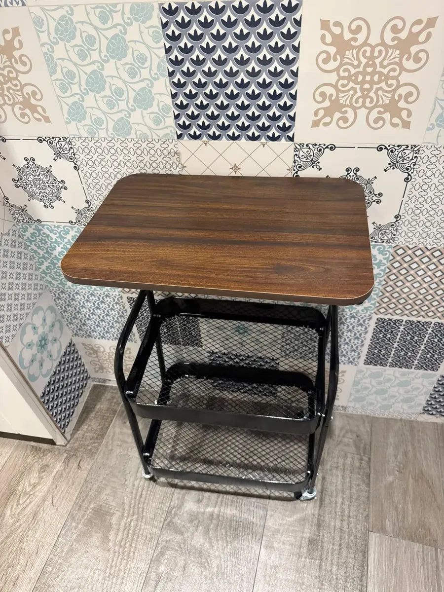 Carrito organizador metálico con mesa madera y 2 estantes