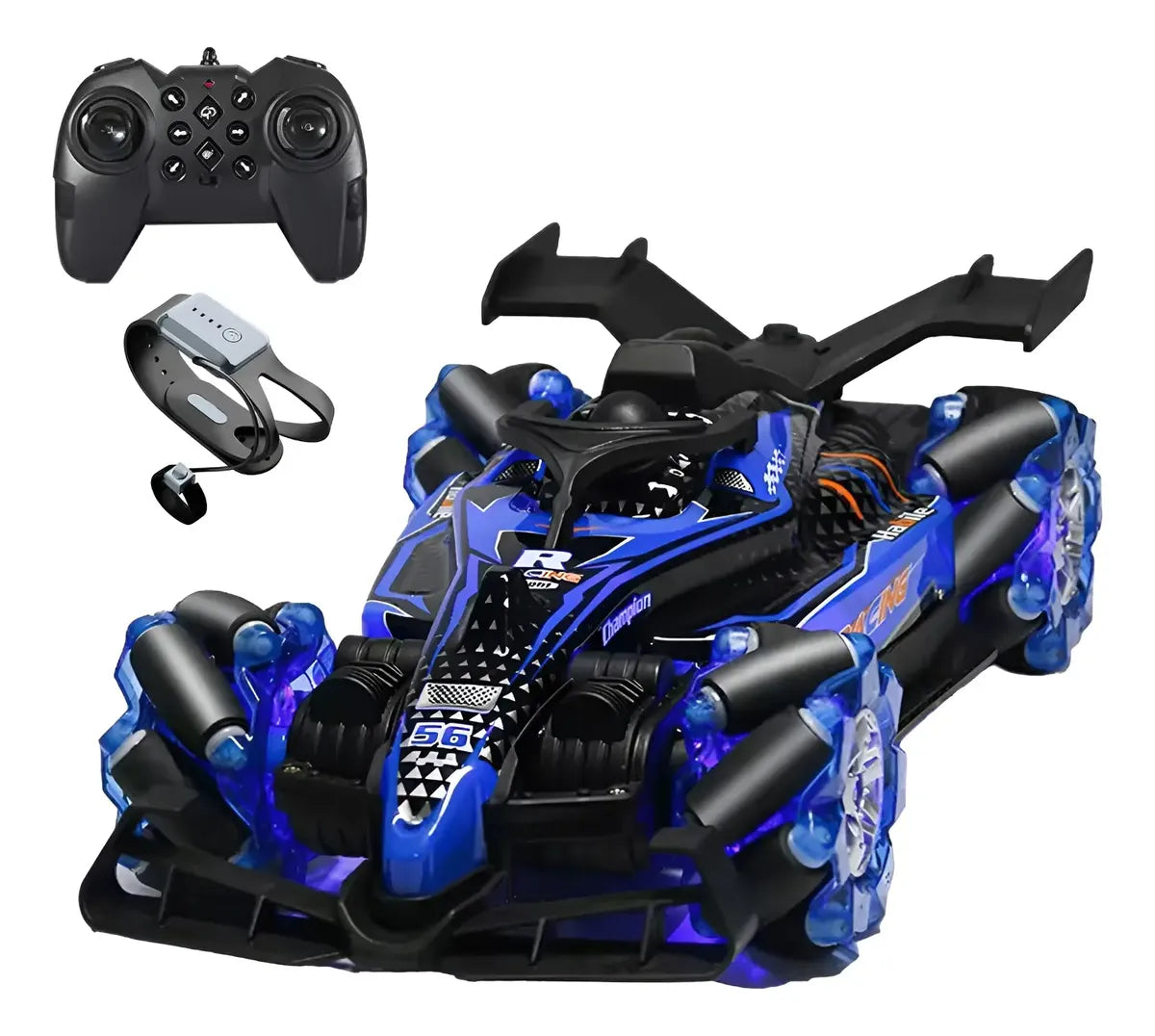 Auto a control remoto y brazalete con luces, humo y sonido