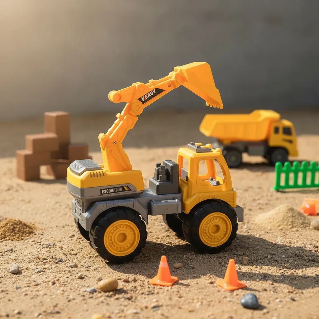 Camiones de construcción volqueta y excavadora