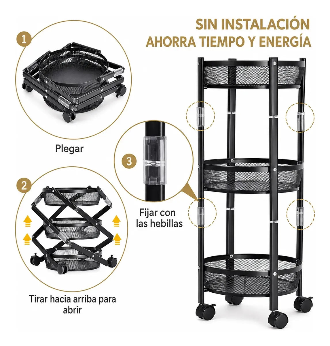 Carrito organizador con 3 estantes plegable con rueda