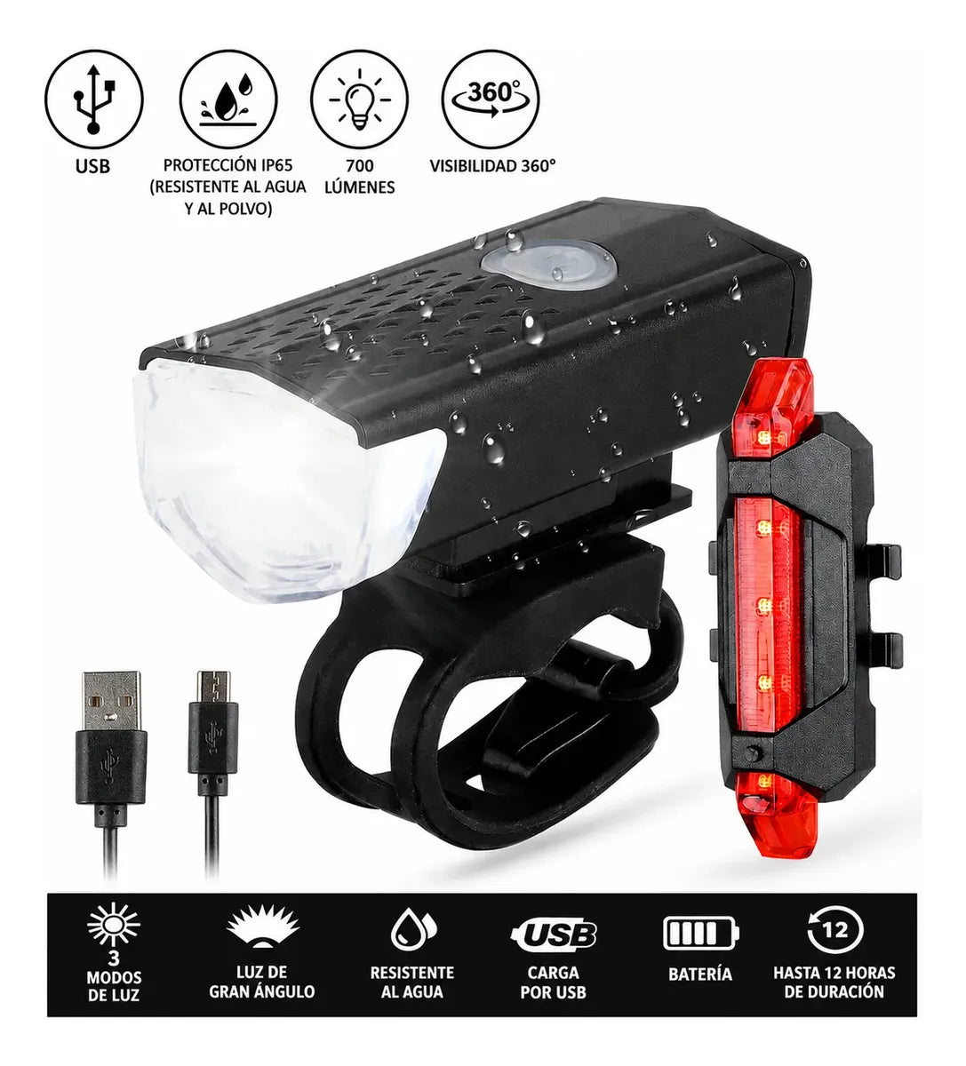 Luces para bicicleta recargable USB delantera y trasera