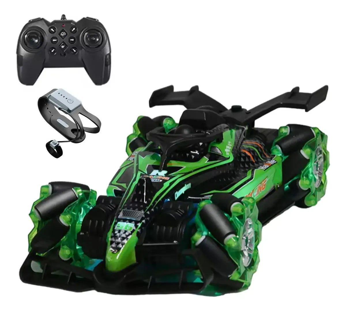 Auto a control remoto y brazalete con luces, humo y sonido