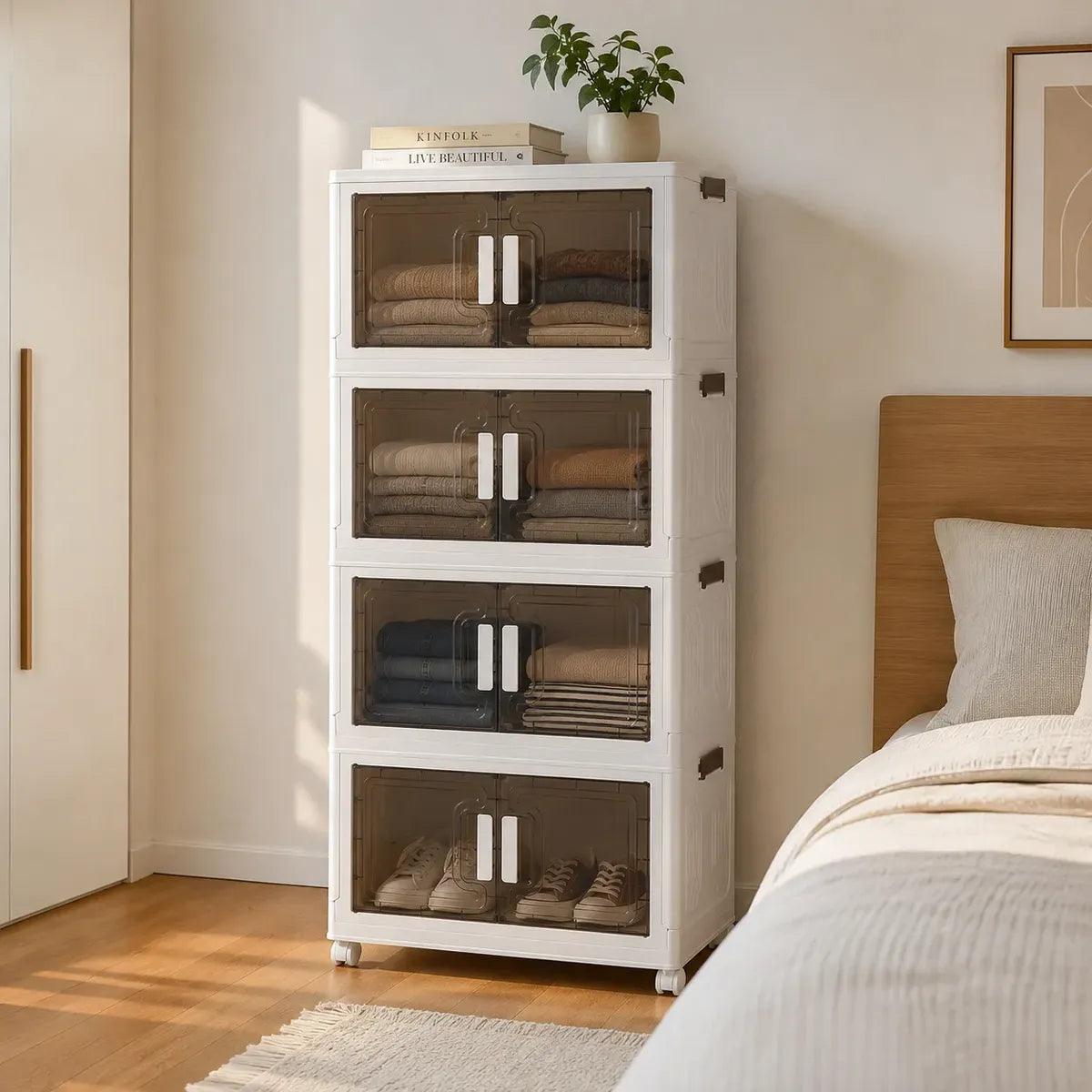 Mueble organizador de plástico apilable de 4 niveles con puertas
