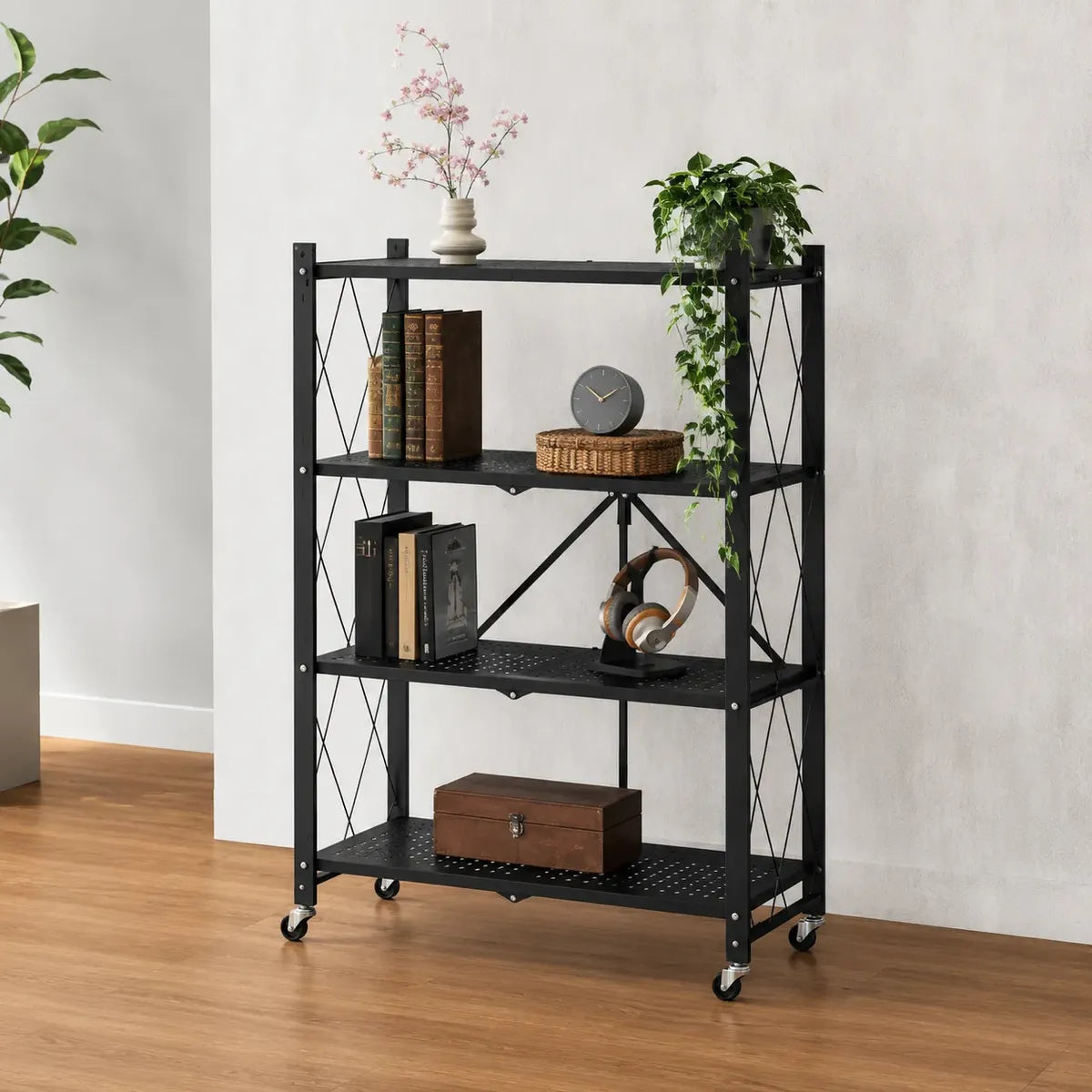 Estantería metálica plegable de 4 niveles con ruedas