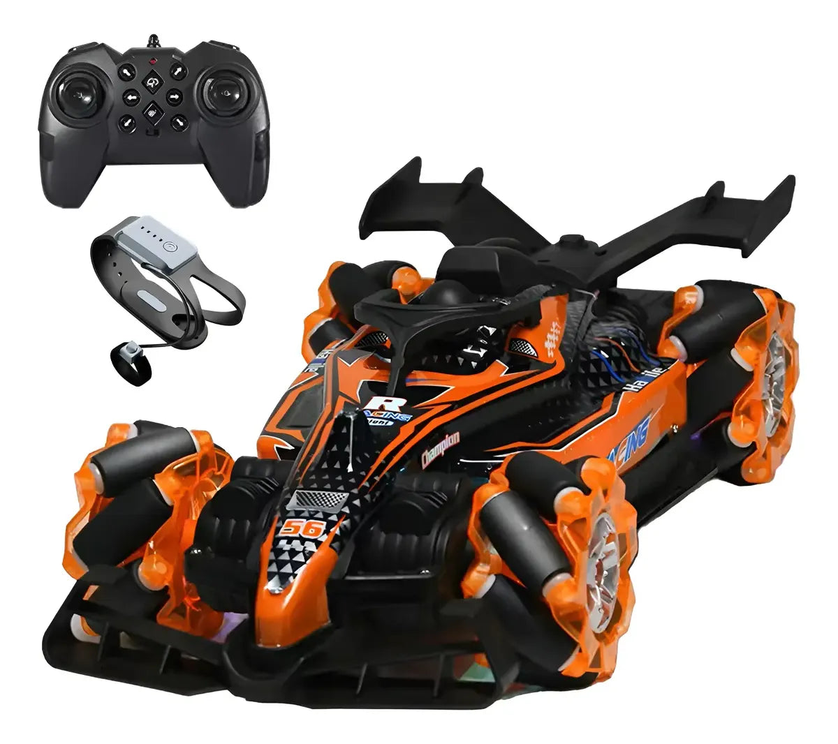Auto a control remoto y brazalete con luces, humo y sonido