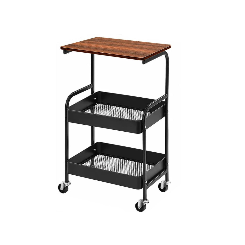 Carrito organizador metálico con mesa madera y 2 estantes