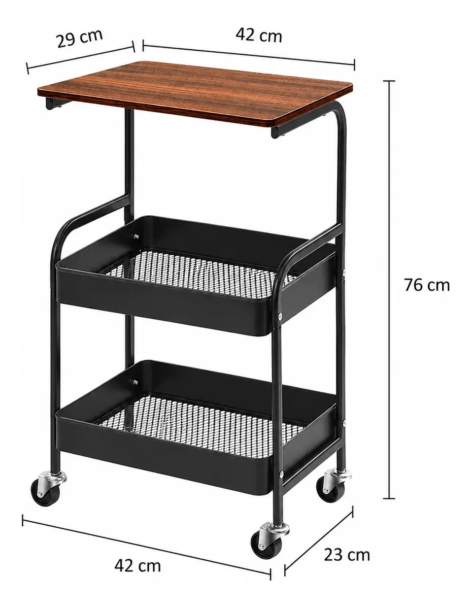 Carrito organizador metálico con mesa madera y 2 estantes