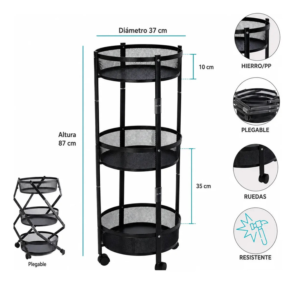 Carrito organizador con 3 estantes plegable con rueda