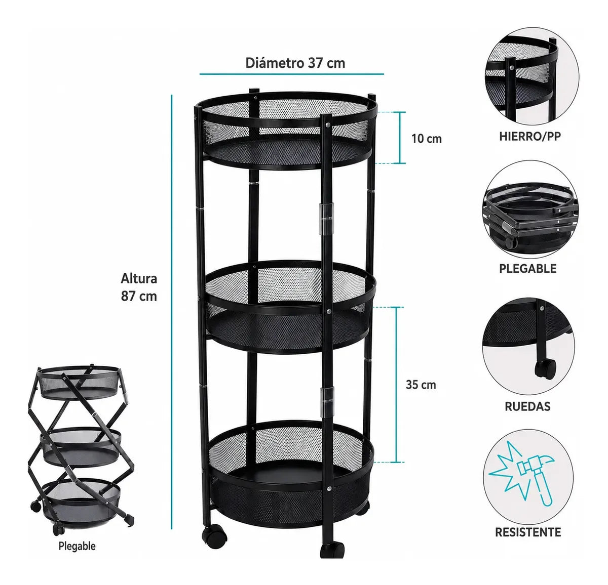 Carrito organizador con 3 estantes plegable con rueda
