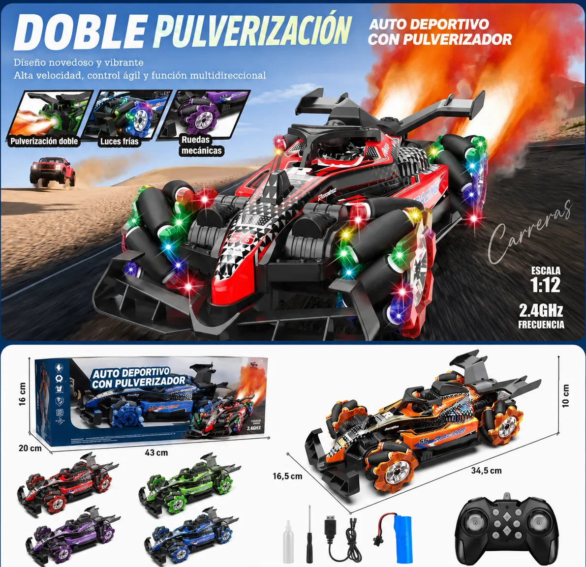 Auto a control remoto y brazalete con luces, humo y sonido