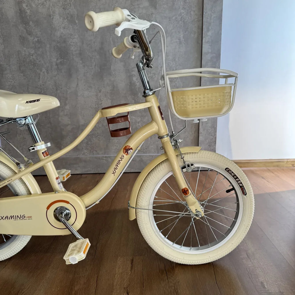 Bicicleta rodado 16 estilo Vintage con rueditas canasto, casco y vaso de regalo