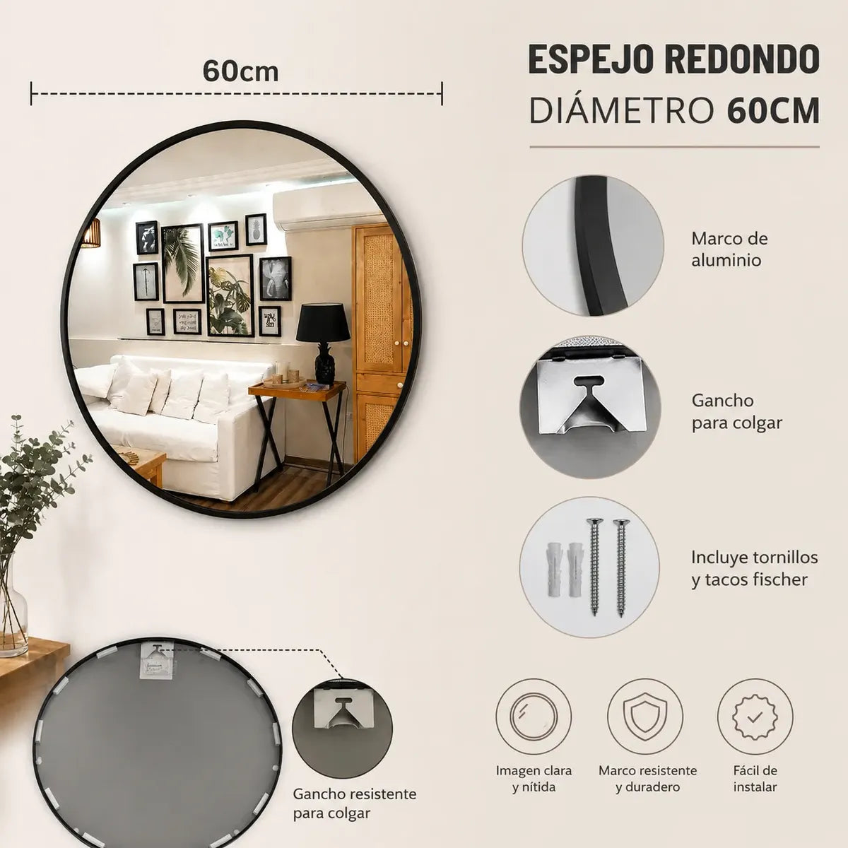 Espejo circular de 60cm diamétro