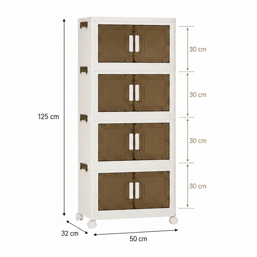 Mueble organizador de plástico apilable de 4 niveles con puertas