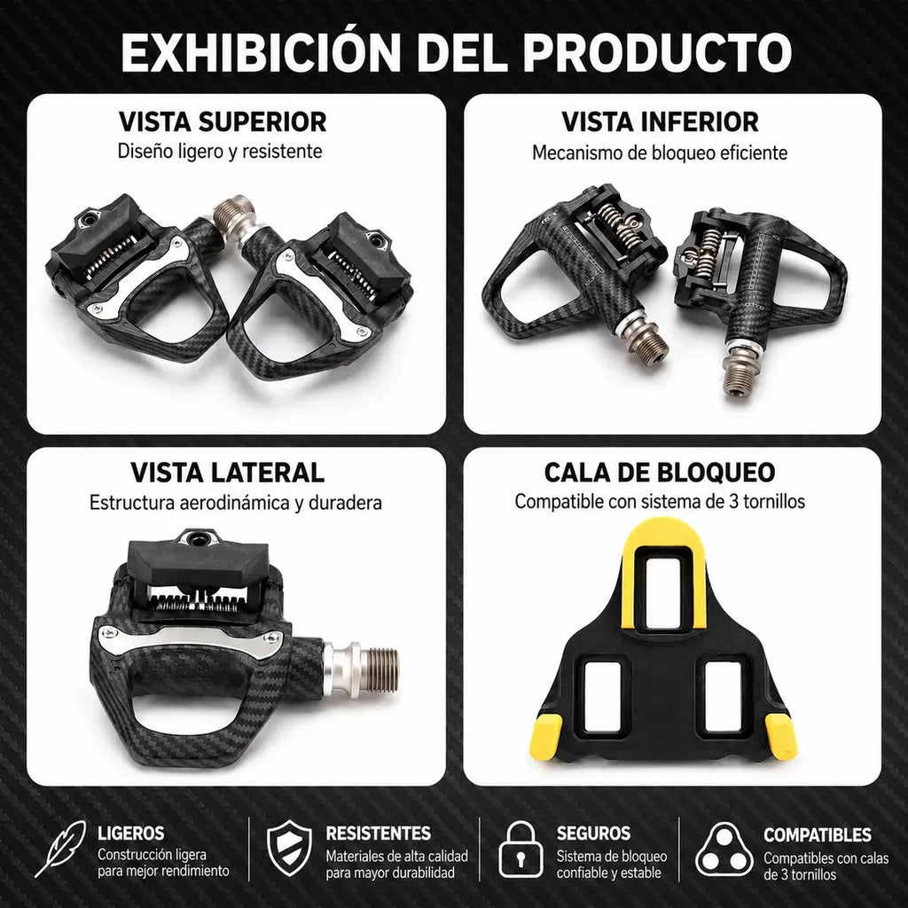 Pedales Racework SPD autoblocantes de fibra de carbono