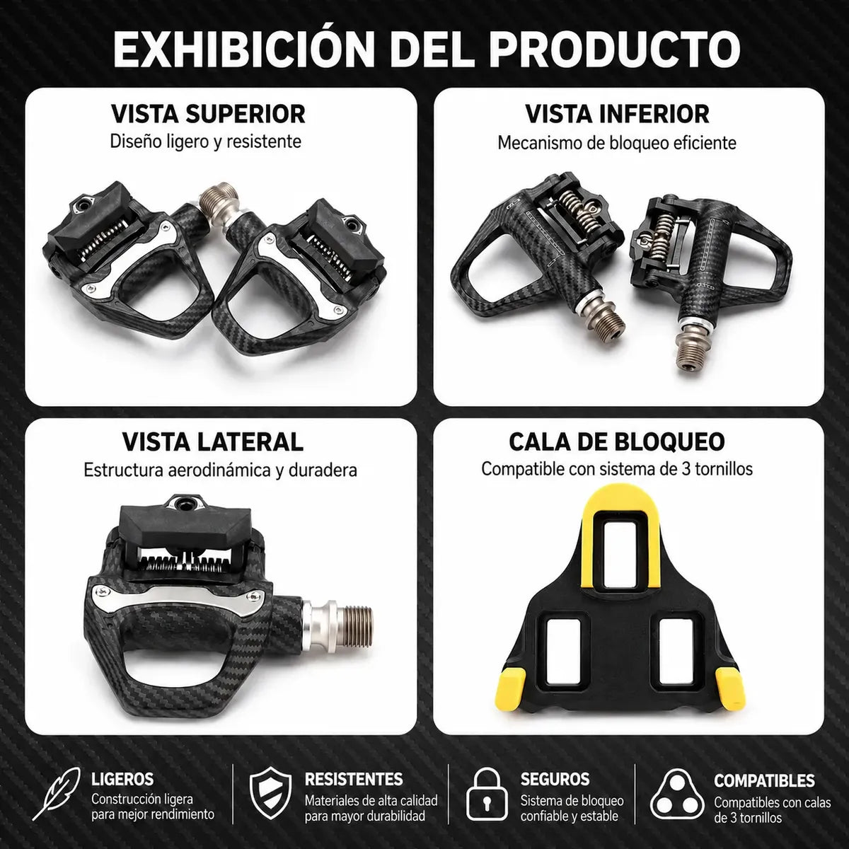 Pedales Racework SPD autoblocantes de fibra de carbono