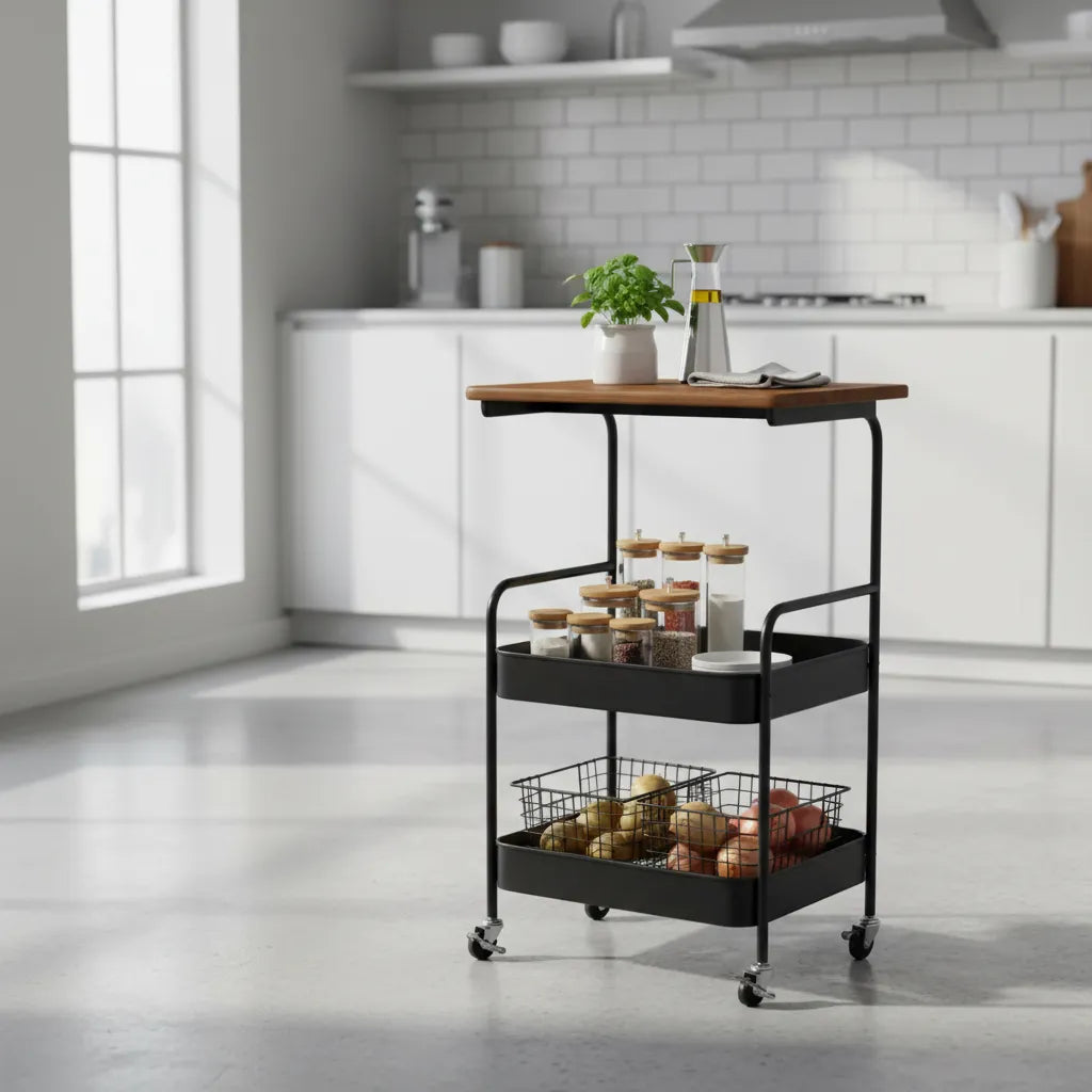 Carrito organizador metálico con mesa madera y 2 estantes