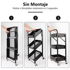 Carro plegable organizador multiuso con 3 estantes con ruedas