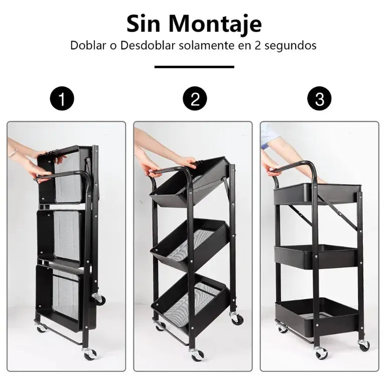 Carro plegable organizador multiuso con 3 estantes con ruedas